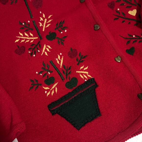 TALBOTS VTG 100% Wool Embroidered Hearts Birds Apple Beaded Cardigan Size L - Picture 9 of 15